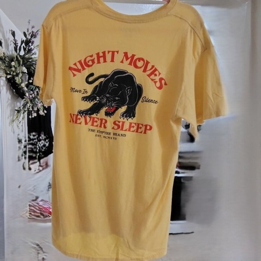 Yellow NIGHT MOVES NEVER SLEEP, short sleeve size medium made by EMPYRE T-SHIRT